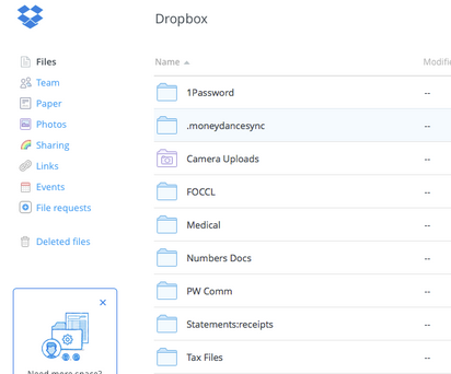 صورة من واجهة استخدام برنامج Dropbox